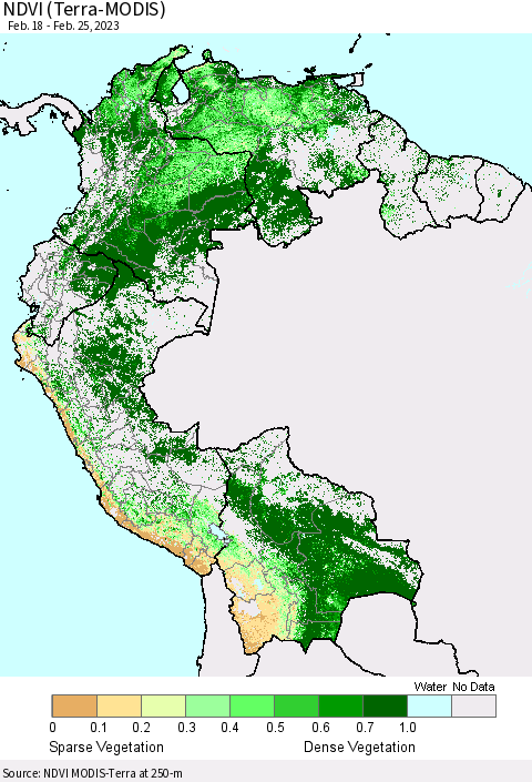 Northern South America NDVI (Terra-MODIS) Thematic Map For 2/18/2023 - 2/25/2023