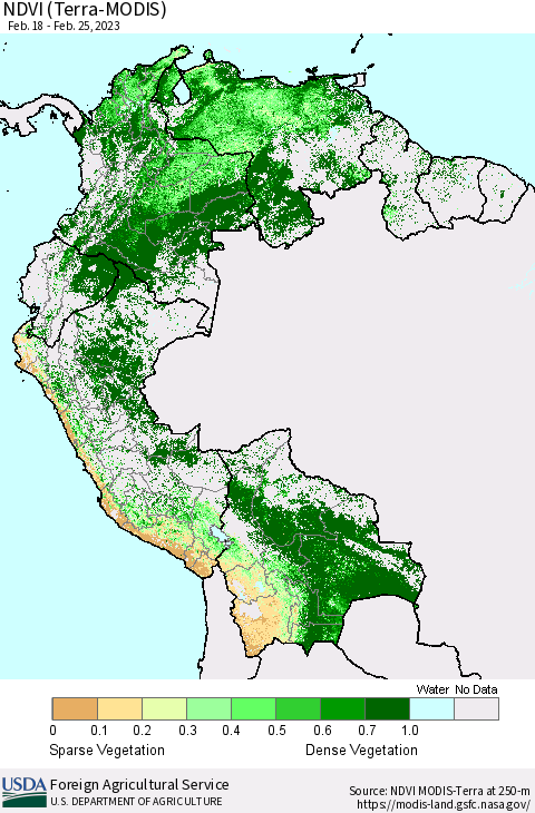 Northern South America NDVI (Terra-MODIS) Thematic Map For 2/21/2023 - 2/28/2023