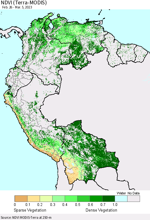 Northern South America NDVI (Terra-MODIS) Thematic Map For 2/26/2023 - 3/5/2023