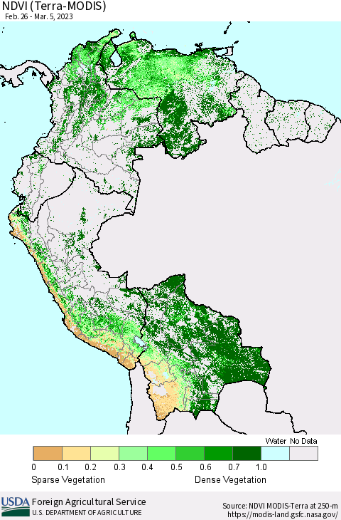 Northern South America NDVI (Terra-MODIS) Thematic Map For 3/1/2023 - 3/10/2023