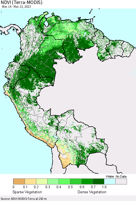 Northern South America NDVI (Terra-MODIS) Thematic Map For 3/14/2023 - 3/21/2023