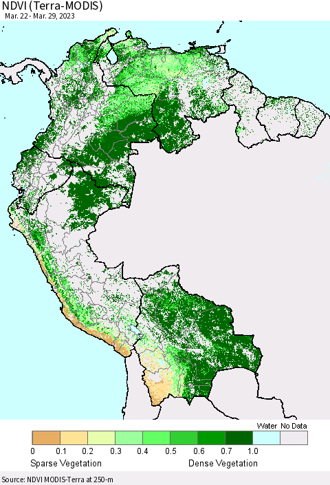Northern South America NDVI (Terra-MODIS) Thematic Map For 3/22/2023 - 3/29/2023