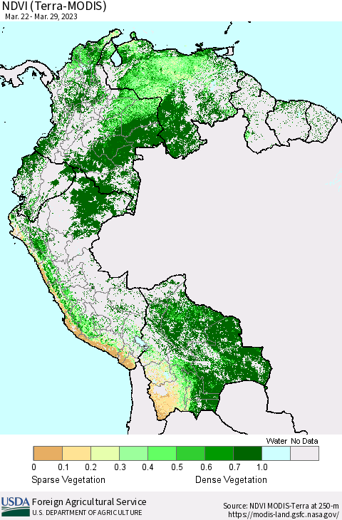 Northern South America NDVI (Terra-MODIS) Thematic Map For 3/21/2023 - 3/31/2023
