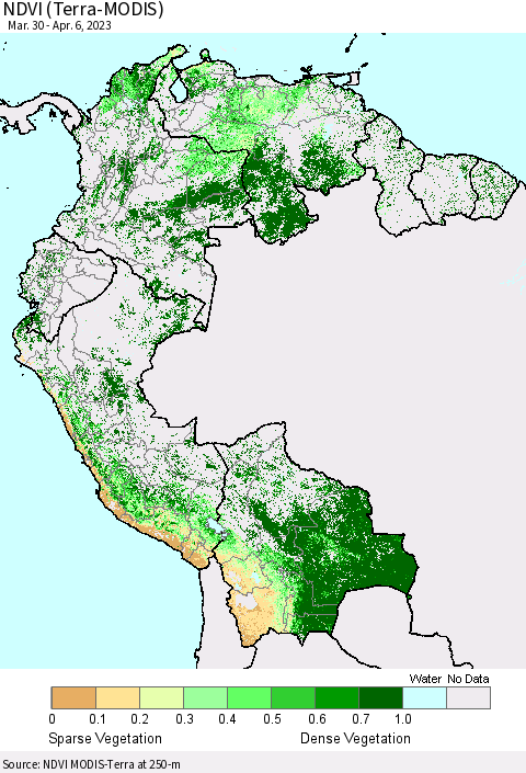 Northern South America NDVI (Terra-MODIS) Thematic Map For 3/30/2023 - 4/6/2023