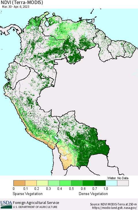 Northern South America NDVI (Terra-MODIS) Thematic Map For 4/1/2023 - 4/10/2023