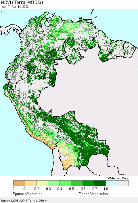 Northern South America NDVI (Terra-MODIS) Thematic Map For 4/7/2023 - 4/14/2023