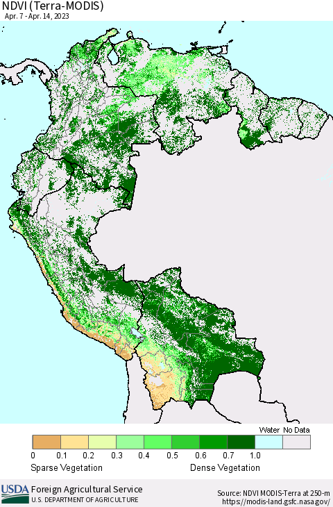 Northern South America NDVI (Terra-MODIS) Thematic Map For 4/11/2023 - 4/20/2023
