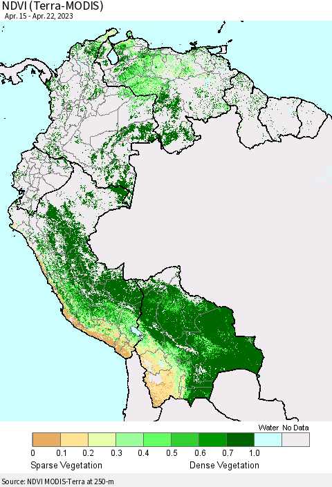 Northern South America NDVI (Terra-MODIS) Thematic Map For 4/15/2023 - 4/22/2023