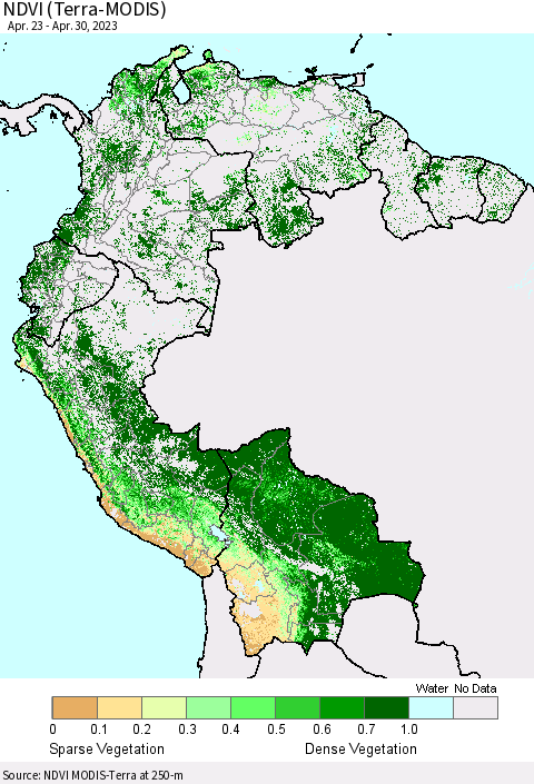 Northern South America NDVI (Terra-MODIS) Thematic Map For 4/23/2023 - 4/30/2023