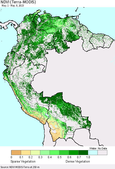 Northern South America NDVI (Terra-MODIS) Thematic Map For 5/1/2023 - 5/8/2023