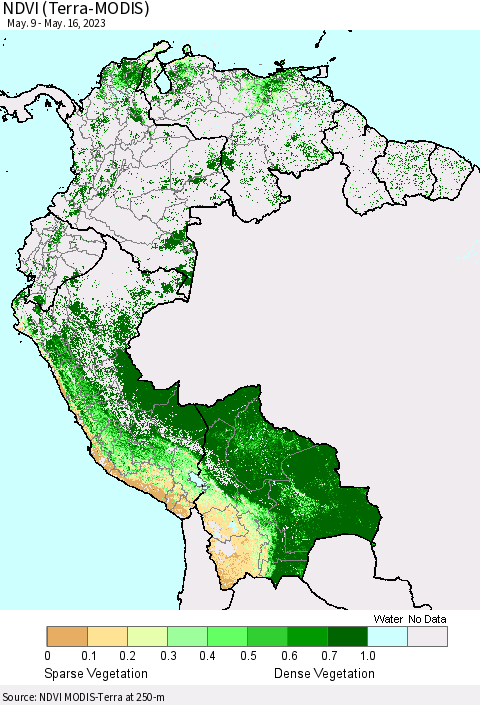Northern South America NDVI (Terra-MODIS) Thematic Map For 5/9/2023 - 5/16/2023