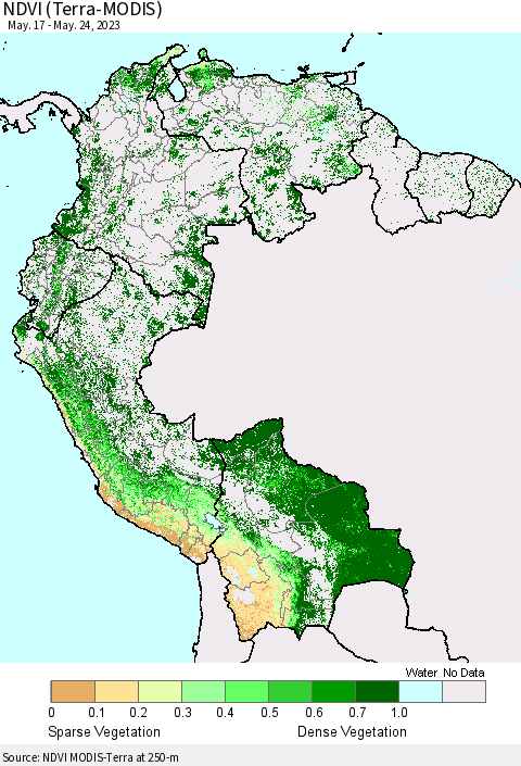 Northern South America NDVI (Terra-MODIS) Thematic Map For 5/17/2023 - 5/24/2023