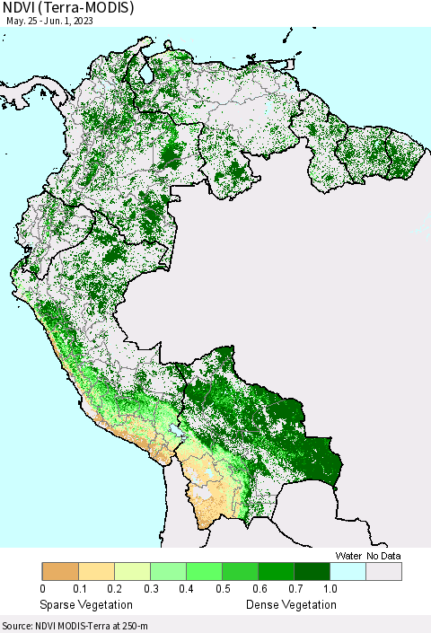 Northern South America NDVI (Terra-MODIS) Thematic Map For 5/25/2023 - 6/1/2023