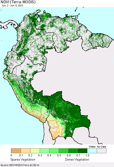 Northern South America NDVI (Terra-MODIS) Thematic Map For 6/2/2023 - 6/9/2023