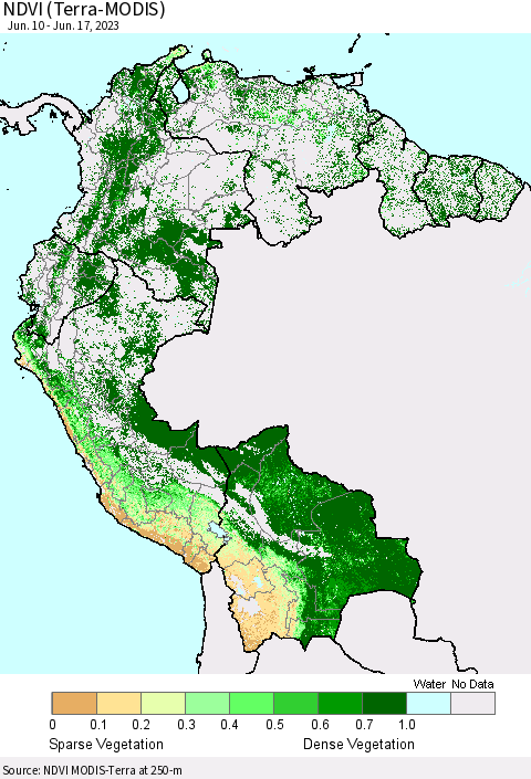 Northern South America NDVI (Terra-MODIS) Thematic Map For 6/10/2023 - 6/17/2023