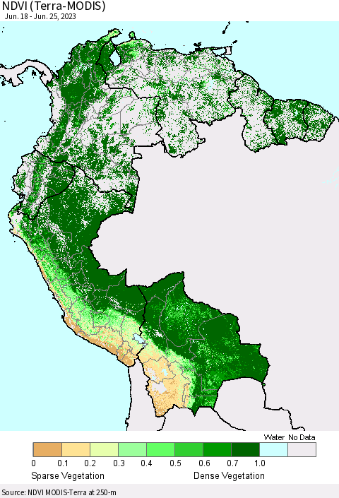 Northern South America NDVI (Terra-MODIS) Thematic Map For 6/18/2023 - 6/25/2023