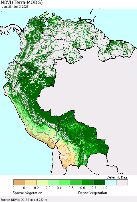 Northern South America NDVI (Terra-MODIS) Thematic Map For 6/26/2023 - 7/3/2023