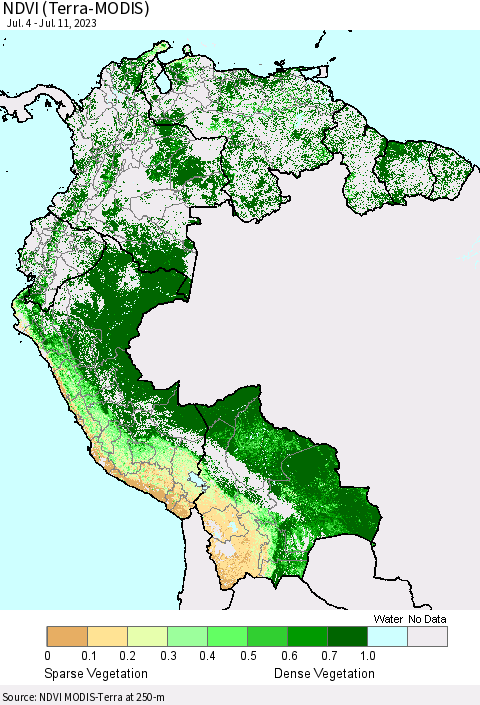 Northern South America NDVI (Terra-MODIS) Thematic Map For 7/4/2023 - 7/11/2023