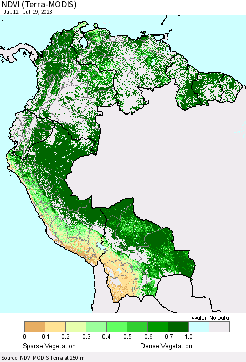Northern South America NDVI (Terra-MODIS) Thematic Map For 7/12/2023 - 7/19/2023