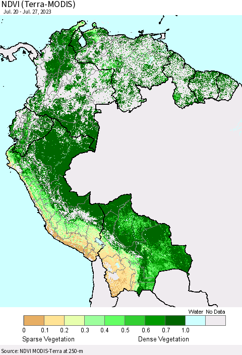 Northern South America NDVI (Terra-MODIS) Thematic Map For 7/20/2023 - 7/27/2023