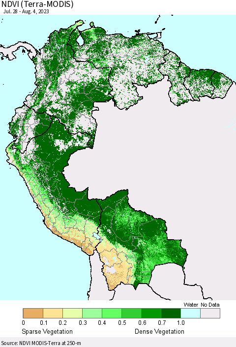 Northern South America NDVI (Terra-MODIS) Thematic Map For 7/28/2023 - 8/4/2023