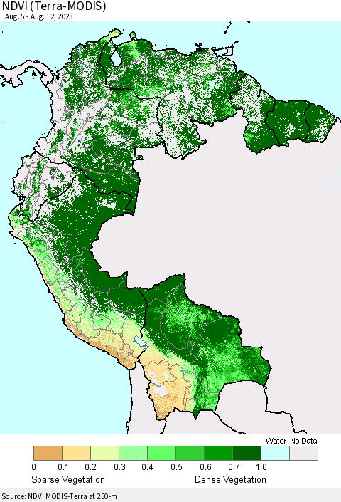 Northern South America NDVI (Terra-MODIS) Thematic Map For 8/5/2023 - 8/12/2023