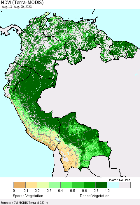 Northern South America NDVI (Terra-MODIS) Thematic Map For 8/13/2023 - 8/20/2023