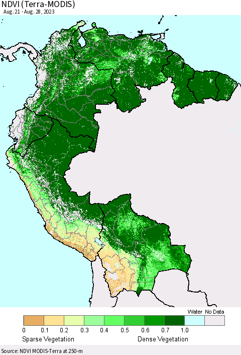 Northern South America NDVI (Terra-MODIS) Thematic Map For 8/21/2023 - 8/28/2023