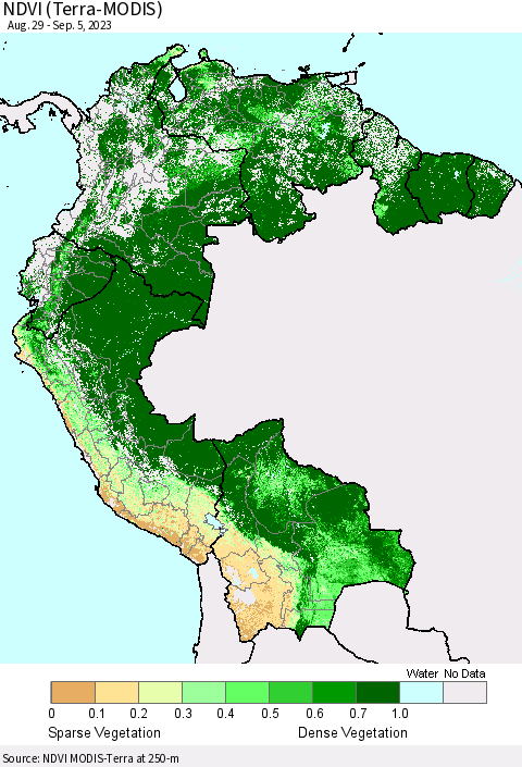Northern South America NDVI (Terra-MODIS) Thematic Map For 8/29/2023 - 9/5/2023