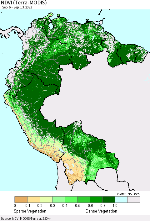 Northern South America NDVI (Terra-MODIS) Thematic Map For 9/6/2023 - 9/13/2023
