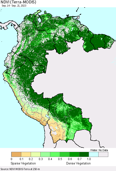 Northern South America NDVI (Terra-MODIS) Thematic Map For 9/14/2023 - 9/21/2023