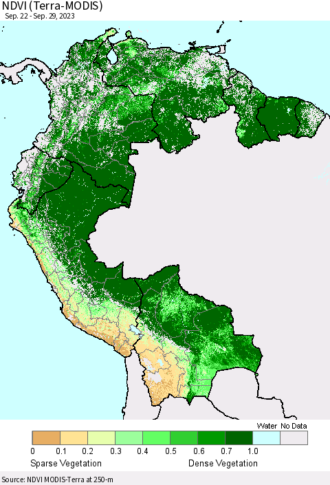 Northern South America NDVI (Terra-MODIS) Thematic Map For 9/22/2023 - 9/29/2023