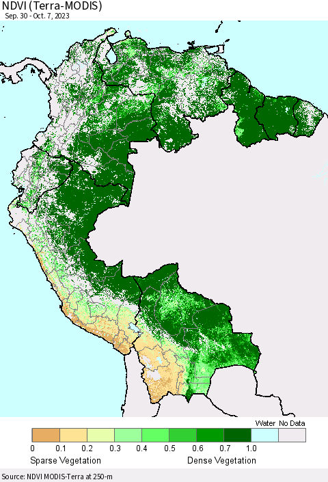 Northern South America NDVI (Terra-MODIS) Thematic Map For 9/30/2023 - 10/7/2023