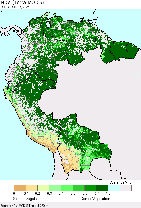 Northern South America NDVI (Terra-MODIS) Thematic Map For 10/8/2023 - 10/15/2023
