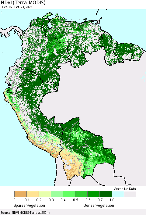 Northern South America NDVI (Terra-MODIS) Thematic Map For 10/16/2023 - 10/23/2023