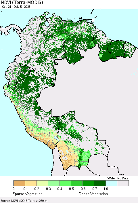 Northern South America NDVI (Terra-MODIS) Thematic Map For 10/24/2023 - 10/31/2023