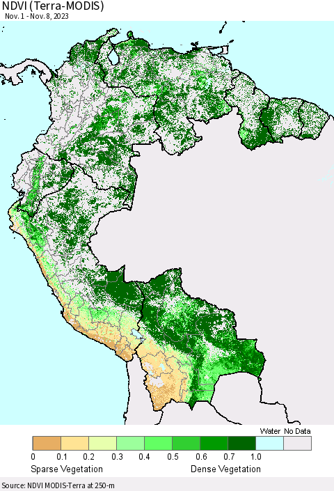 Northern South America NDVI (Terra-MODIS) Thematic Map For 11/1/2023 - 11/8/2023