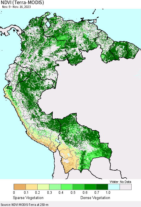 Northern South America NDVI (Terra-MODIS) Thematic Map For 11/9/2023 - 11/16/2023