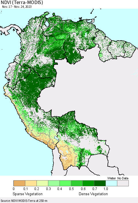 Northern South America NDVI (Terra-MODIS) Thematic Map For 11/17/2023 - 11/24/2023