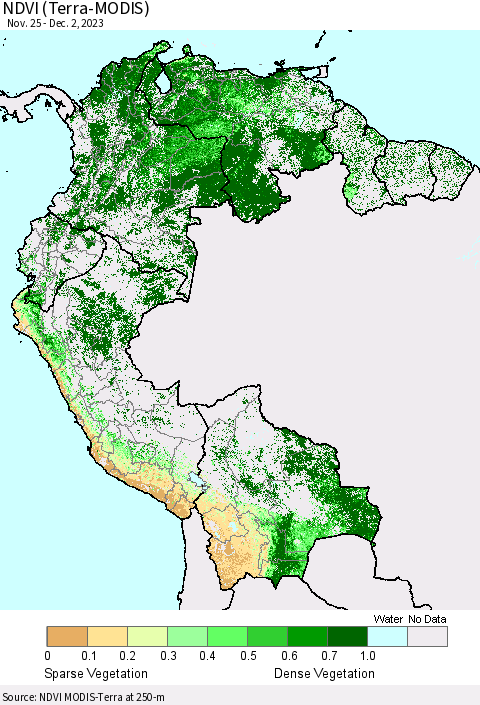 Northern South America NDVI (Terra-MODIS) Thematic Map For 11/25/2023 - 12/2/2023