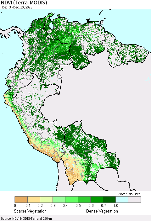 Northern South America NDVI (Terra-MODIS) Thematic Map For 12/3/2023 - 12/10/2023