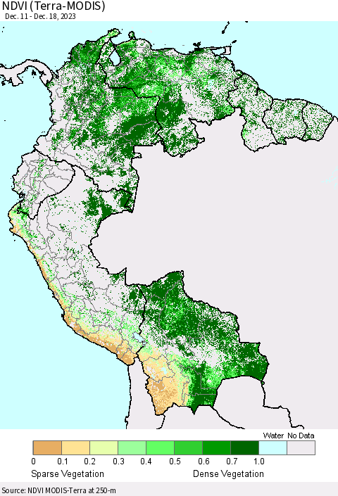 Northern South America NDVI (Terra-MODIS) Thematic Map For 12/11/2023 - 12/18/2023