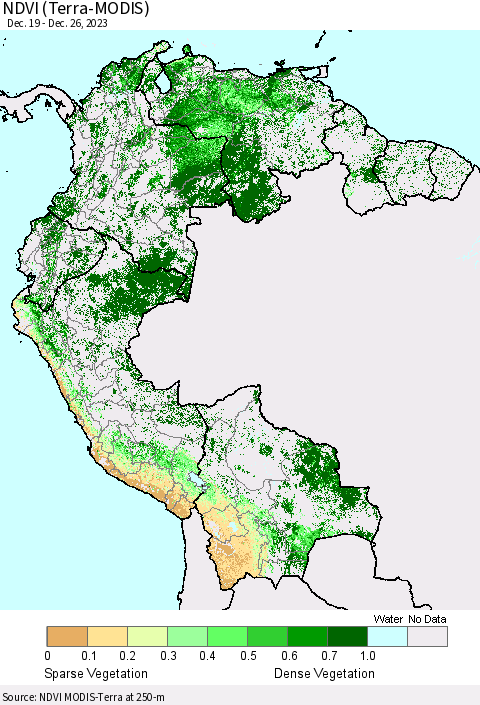 Northern South America NDVI (Terra-MODIS) Thematic Map For 12/19/2023 - 12/26/2023