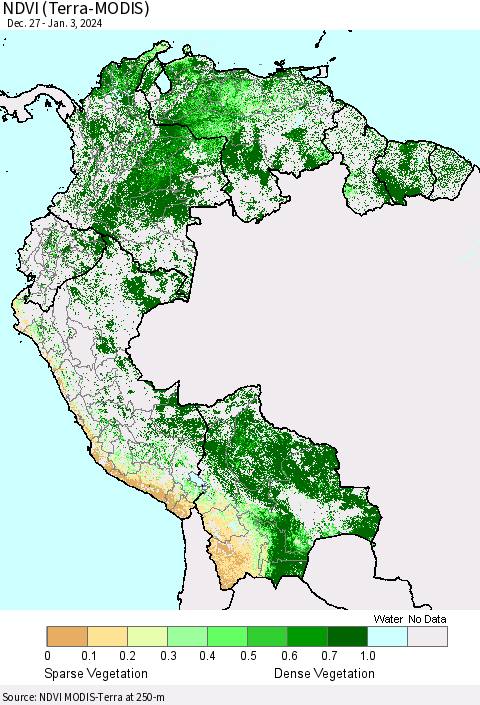Northern South America NDVI (Terra-MODIS) Thematic Map For 12/27/2023 - 1/3/2024