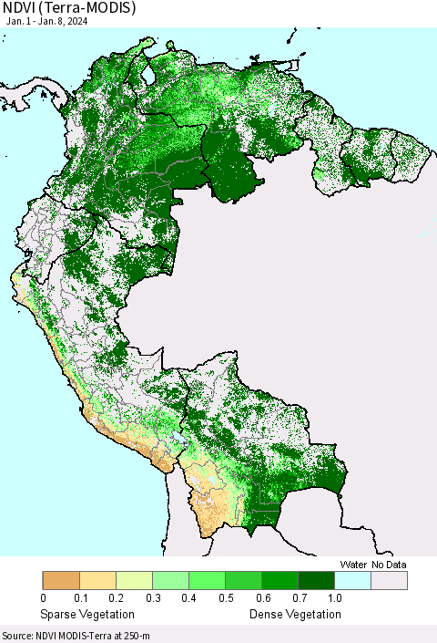 Northern South America NDVI (Terra-MODIS) Thematic Map For 1/1/2024 - 1/8/2024