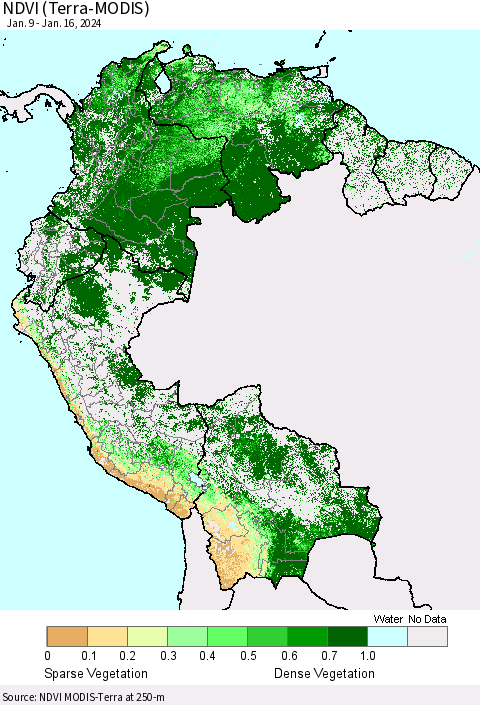 Northern South America NDVI (Terra-MODIS) Thematic Map For 1/9/2024 - 1/16/2024