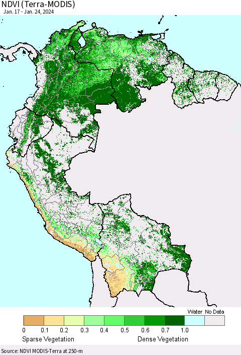 Northern South America NDVI (Terra-MODIS) Thematic Map For 1/17/2024 - 1/24/2024