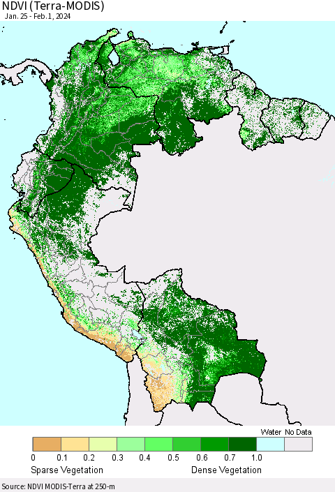 Northern South America NDVI (Terra-MODIS) Thematic Map For 1/25/2024 - 2/1/2024