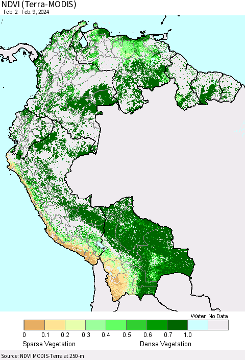 Northern South America NDVI (Terra-MODIS) Thematic Map For 2/2/2024 - 2/9/2024