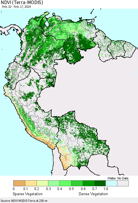 Northern South America NDVI (Terra-MODIS) Thematic Map For 2/10/2024 - 2/17/2024